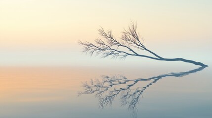 Fototapeta premium Serene sunrise reflection of a bare tree branch in still water.
