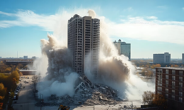 Downtown building demolition by controlled implosion