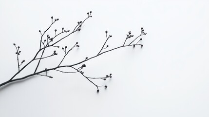 Minimalist black branch with berries on white background.