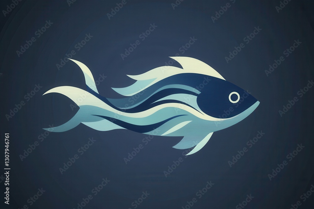 Poster minimalist abstract fish logo showcasing wave patterns in cool blue tones with an aquatic theme for 