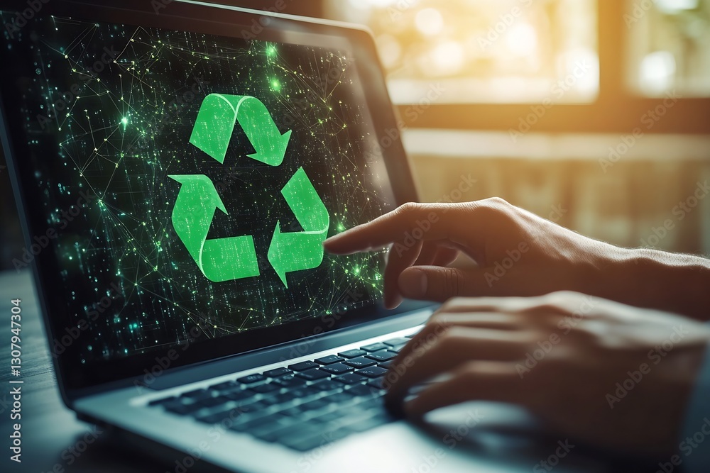 Aufkleber Engaging hands interacting with a laptop displaying a vibrant green recycling symbol and digital interface background : Generative AI
