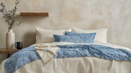 Generative AI, Mediterranean-Inspired Modern Bedroom with Elegant Blue and White Accents