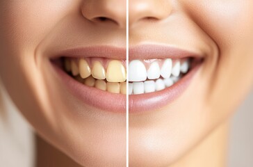 Transformation of a Smiling Woman&rsquo;s Teeth Before and After Whitening Treatment Showing Bright, White Smile and Stained Teeth Contrast in a Close-Up View