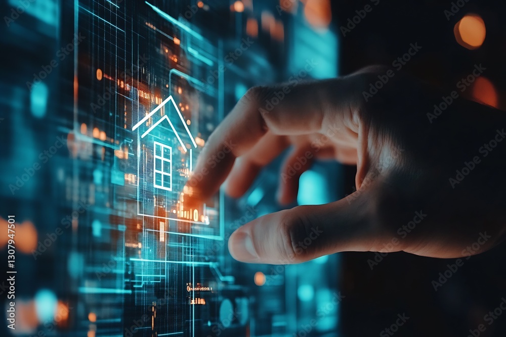 Poster Hand Interacting with Digital Interface for Smart Home Technology Concept : Generative AI