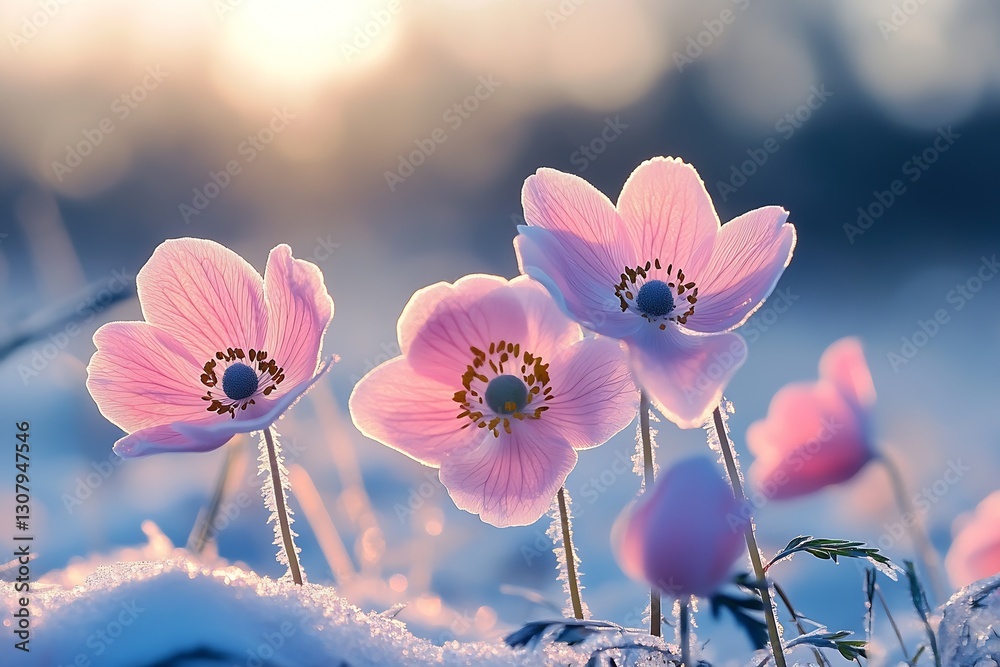 Poster charming pink blossoms adorned with frost under a glowing sunrise creating a magical atmosphere : ge