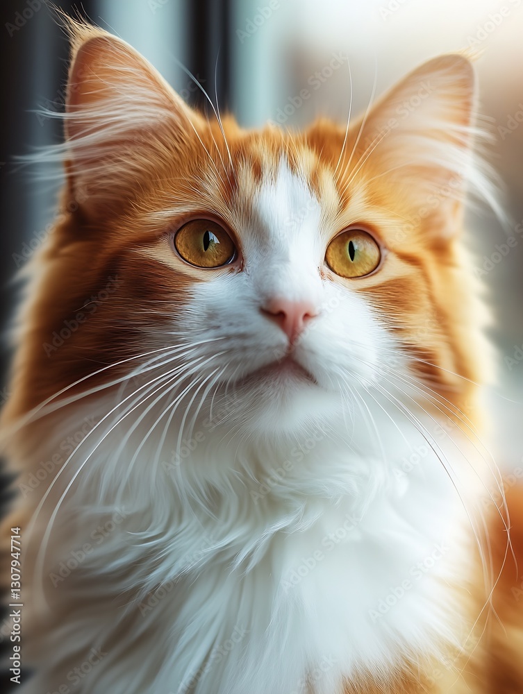Poster charming close-up of a fluffy orange and white cat with big beautiful eyes in sunlight : generative 