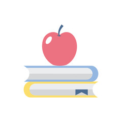 Flat design vector illustration of a red apple placed on a stack of books, symbolizing education, learning, and healthy habits in an academic environment.