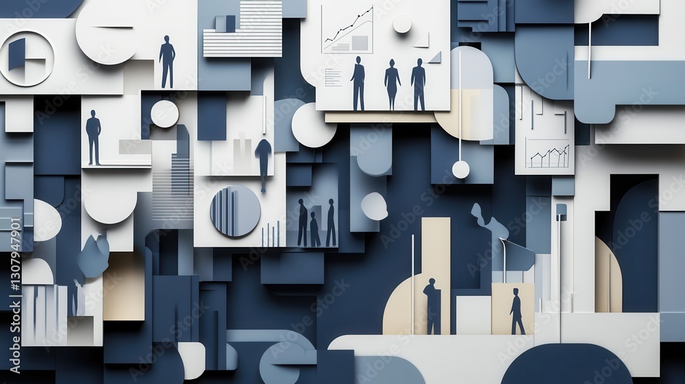 Aufkleber Sophisticated paper art backdrop showcasing layered charts and silhouettes for political analysis Generative AI