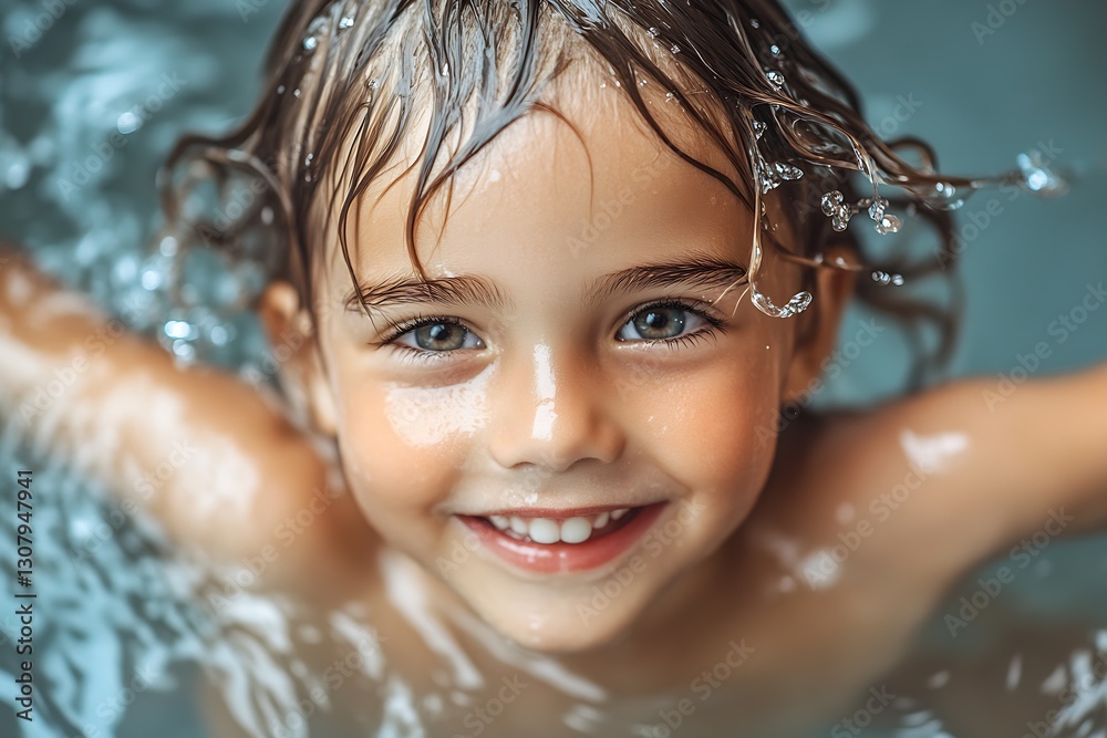 Poster joyful young child smiling with water droplets on hair in the pool during a sunny afternoon : genera