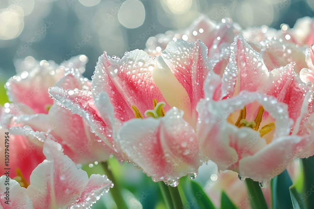 Poster graceful tulips with dew droplets highlighting their beauty in enchanting soft light : generative ai