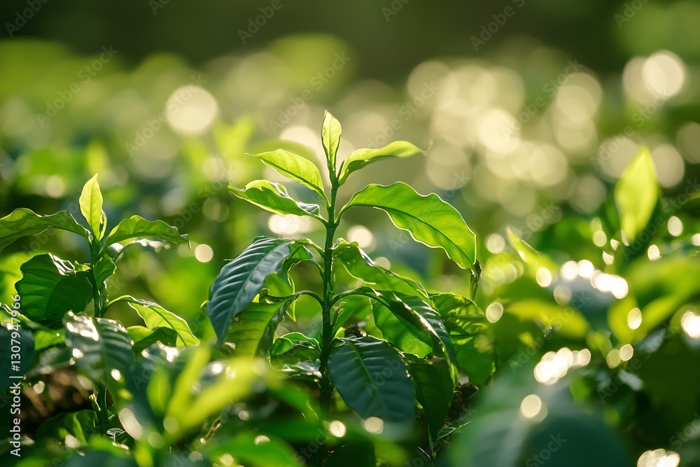 Poster lush green tea leaves glimmering in soft sunlight creating a serene and vibrant atmosphere : generat