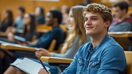 Engaged student in classroom taking notes during a lecture with peers in the background : Generative AI