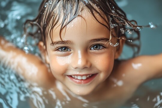Joyful young child smiling with water droplets on hair in the pool during a sunny afternoon : Generative AI
