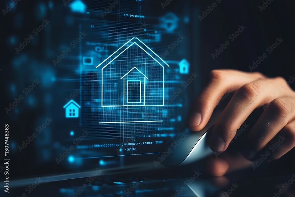 Aufkleber visual representation of smart home systems with a glowing house icon operated by a human hand : gen