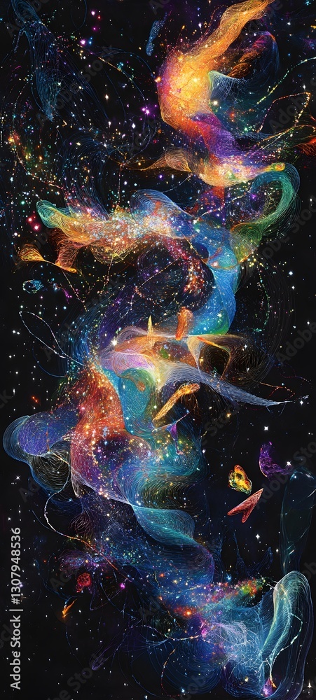 Sticker a surreal weaving pattern made of glowing celestial threads forming cosmic constellations