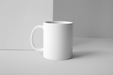 Stylish ceramic mug on white background