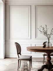 French Farmhouse Dining Room with Blank Wall for Art Mockup