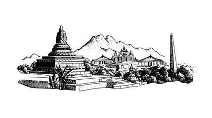 Fototapeta premium Explore the intricate beauty of an ancient temple complex surrounded by majestic mountains and lush trees in a timeless engraving style