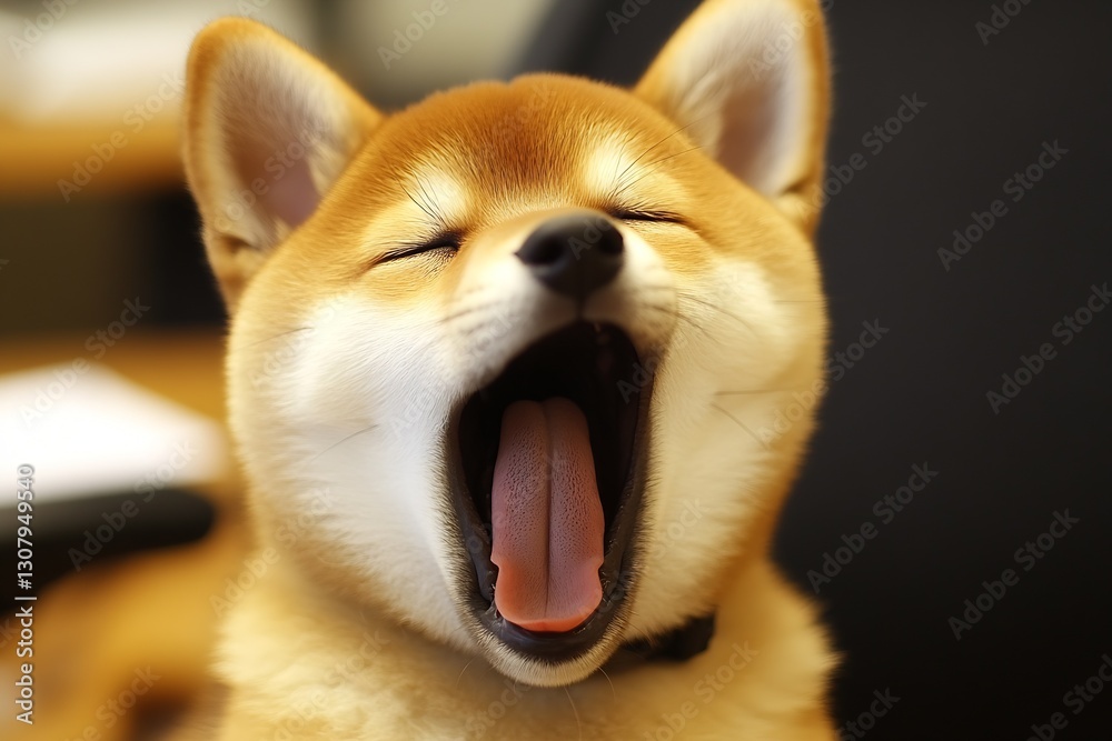 Poster Adorable Shiba Inu Dog Yawning with Eyes Closed Captured in a Cozy Indoor Setting : Generative AI