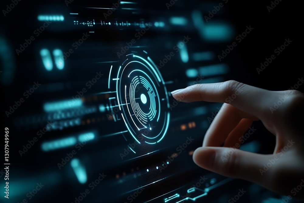 Poster Futuristic touch screen with hand adjusting digital settings showcased through glowing interface elements : Generative AI