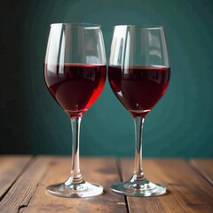 Two crimson wine glasses, clear water glass, on aged wood, interior, rustic, texture