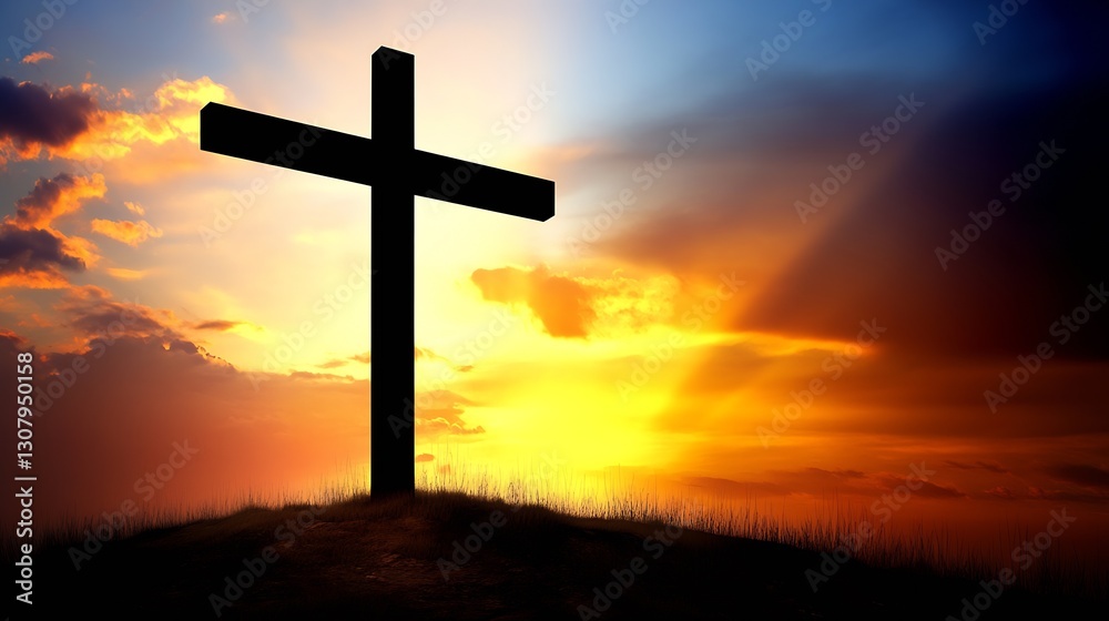 Poster stunning evening sunset overlooking a cross silhouette with breathtaking light and color display : g