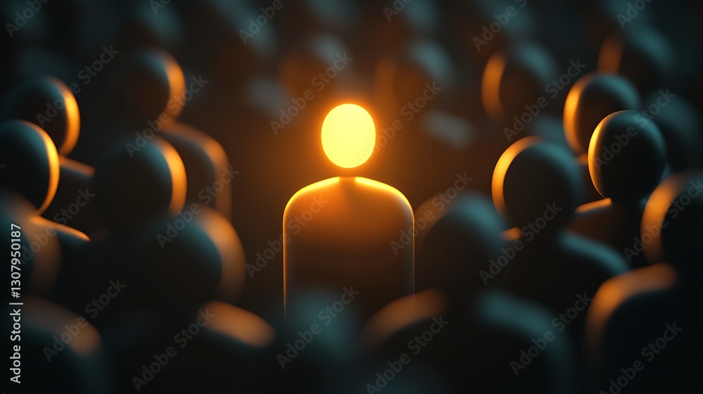 Poster unique glowing figure amidst a crowd displaying the theme of individuality and leadership in a dark 
