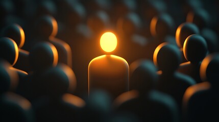 Obraz premium Unique glowing figure amidst a crowd displaying the theme of individuality and leadership in a dark setting : Generative AI