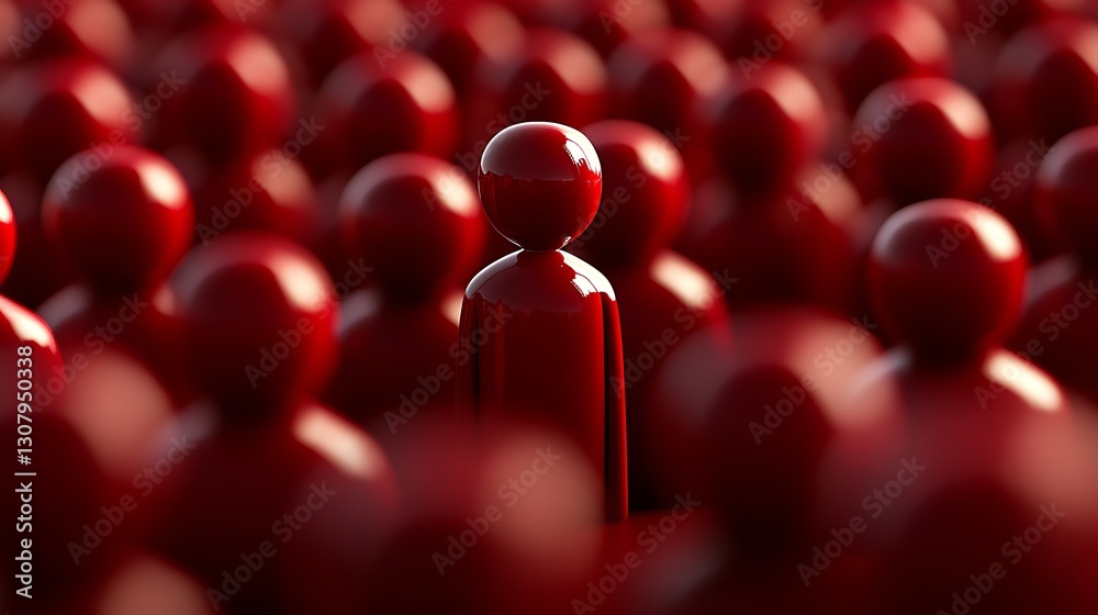Poster Shiny Red Figure Surrounded by Many Red Spheres Symbolizing Distinctiveness in a Homogeneous Group : Generative AI