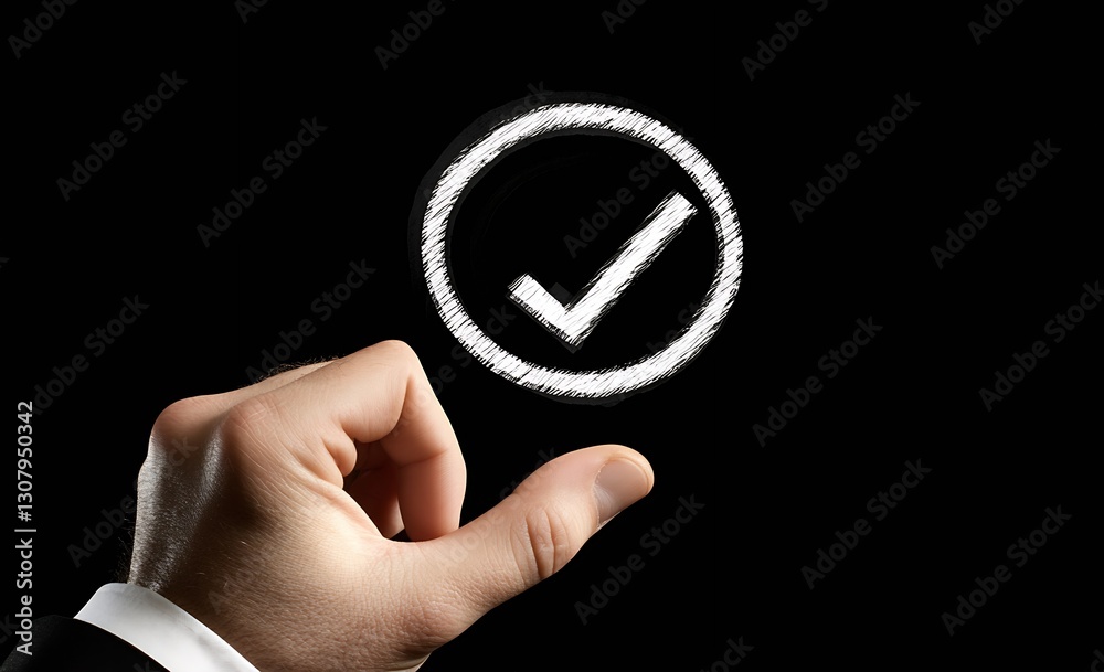 Poster person's hand holding a chalk-drawn checkmark against a dark background for conceptual approval : ge