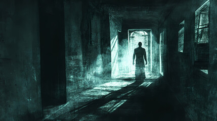 Haunting: the shadowy figure and flickering light - visualize a shadowy figure in a dimly lit room, illustrating the haunting presence of a ghost. shadowy. illustration. Shadowy - Alley. Illustration