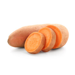 Cut raw sweet potatoes on white background. Closeup