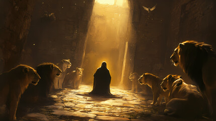 Illuminated daniel kneeling in prayer fierce lions surrounding him in shadowy den divine light streaming from above ancient stone walls faithfilled atmosphere. Shadowy - Alley. Illustration