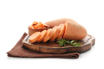 Cut raw sweet potatoes on board with napkin on white background. Closeup