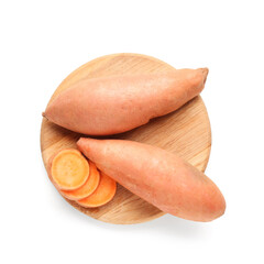 Fresh raw sweet potatoes on board on white background. Top view