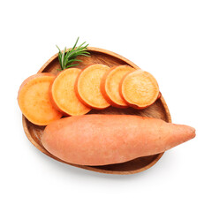 Cut raw sweet potatoes in plate on white background. Top view