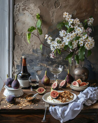 A wholesome breakfast featuring Greek yogurt, granola, and fresh figs, beautifully arranged on a wooden table