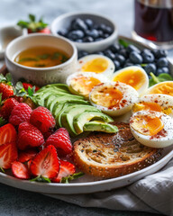 A wholesome breakfast platter with boiled eggs, avocado toast, and a mix of fresh berries