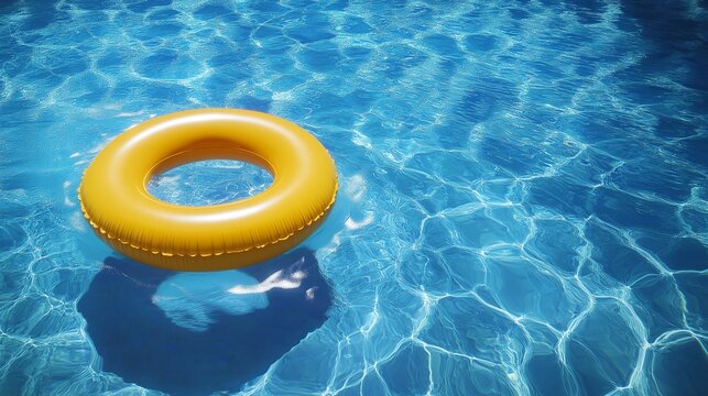 Relaxing pool with a yellow pool ring in blue water. Summer background. 
