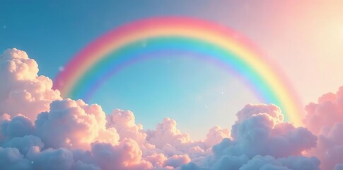 Vibrant rainbow arc, fluffy clouds, pastel sky, clouds, art, illustration