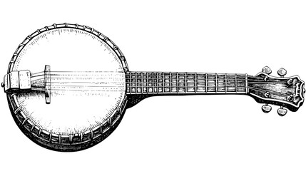 Engraved illustration of a vintage banjo showcasing intricate details and craftsmanship in a timeless art style