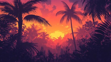 A vibrant sunset illuminates a lush jungle with silhouetted palm trees creating a serene and warm scene