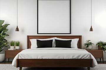 Blank white poster mockup in a cozy bedroom. 3D rendering