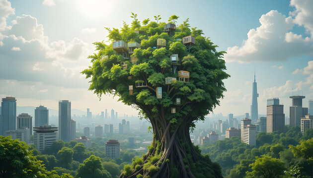 Large tree growing in the middle of a futuristic city, representing urban sustainability and nature coexisting with modern development.