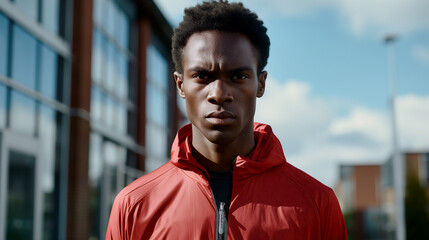 A young african american athlete dressed in a red jacket stands confidently outdoors, looking directly into the camera against a backdrop of modern buildings under a blue sky - Generative AI