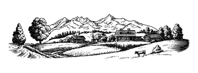 Beautiful mountain landscape with rustic cabins, serene river, and grazing cow captured in intricate engraved detail