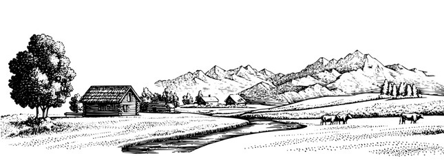 Fototapeta premium Serene landscape illustration depicting rustic cabin by a flowing stream amid majestic mountains and grazing cattle