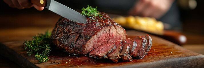 Cooked Roast Beef Being Sliced
