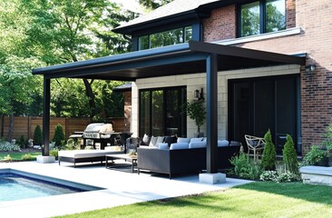 Modern Black Pergola Over Patio With Pool and Comfortable Seating