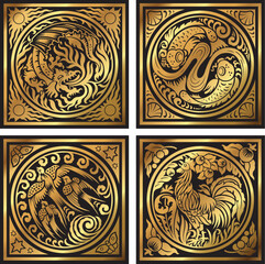 A set of vintage retro golden animal decorative design element tiles. 